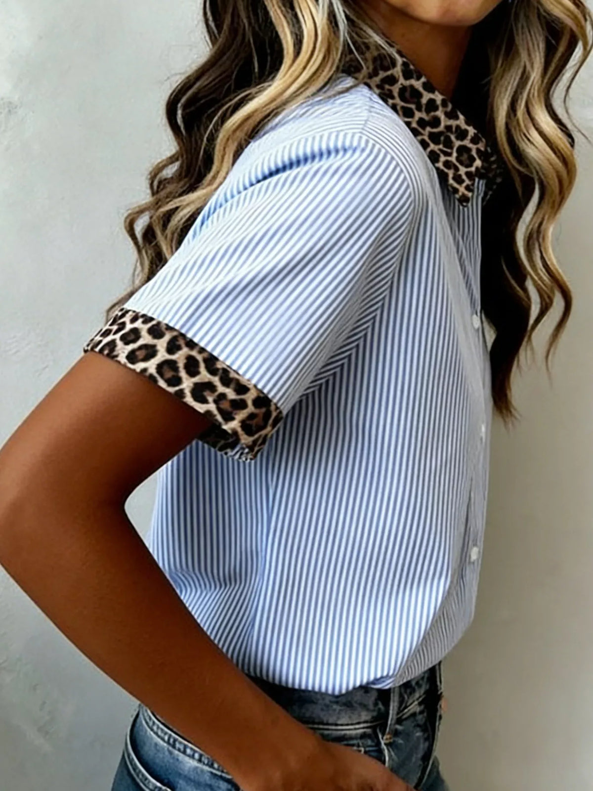 Stripe Leopard Contrast Collar Short Sleeve Shirt product image 4