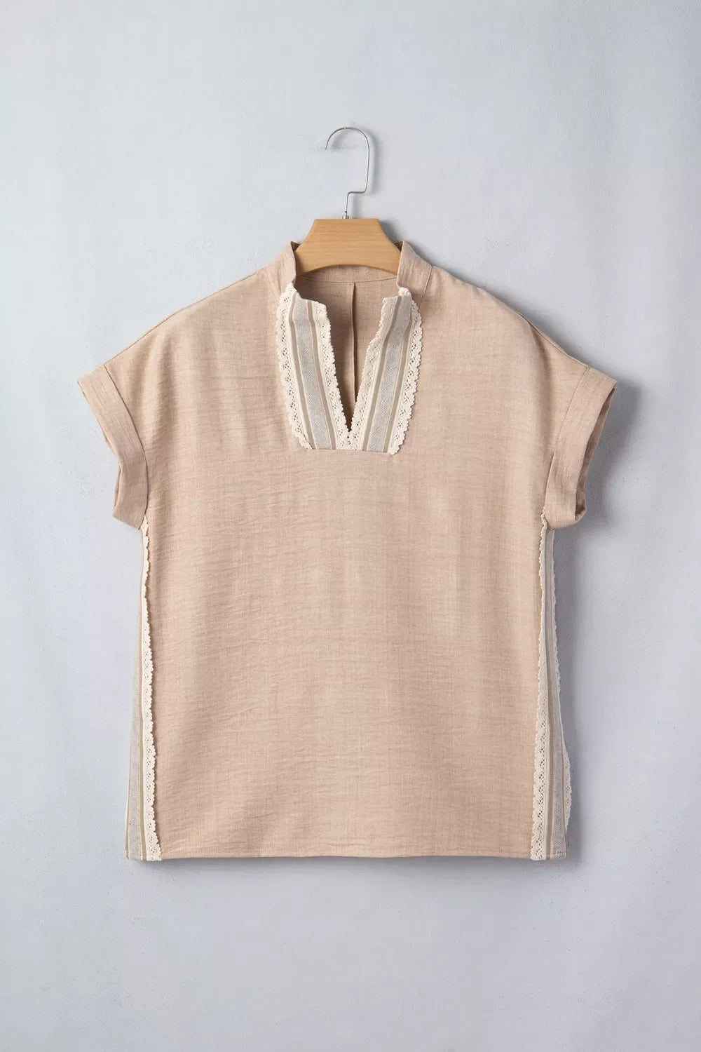 Crochet Lace Accent Pullover Rolled Short Sleeve Blouse