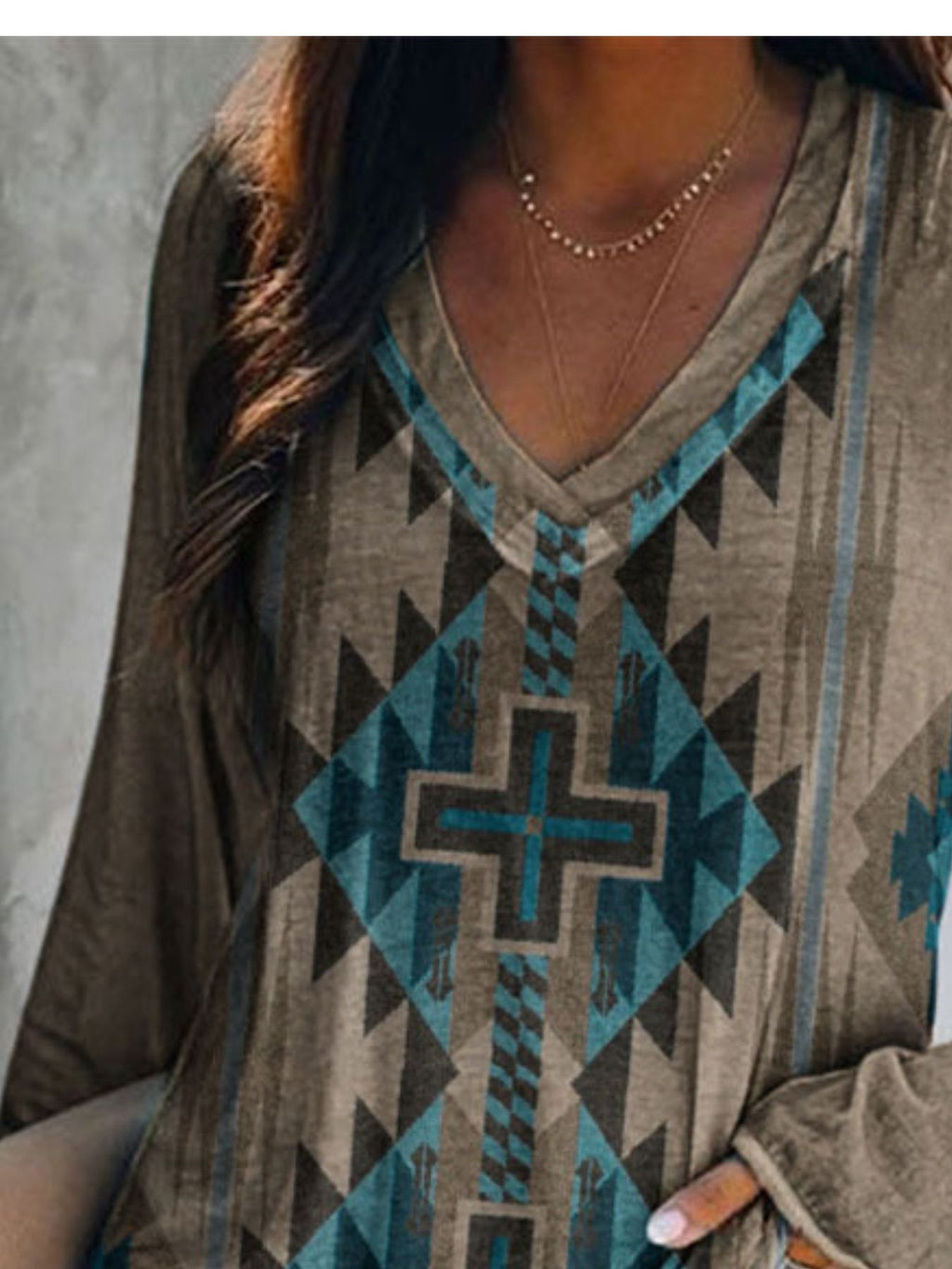 Full Size Geometric V-Neck Long Sleeve T-Shirt product image 6