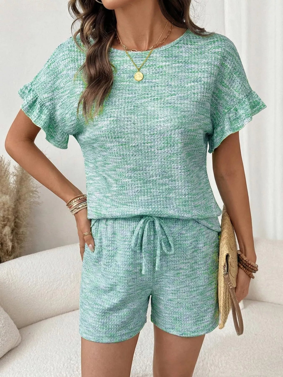 Ruffle Sleeve Textured Top and Shorts Set product image 15