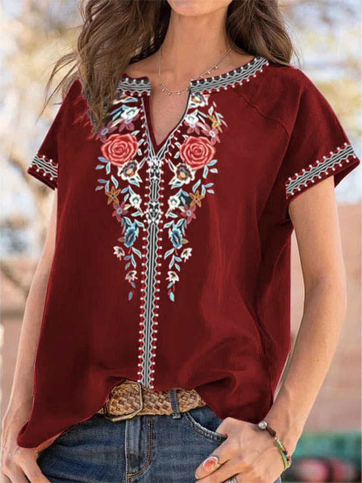 Full Size Floral Notched Short Sleeve Blouse