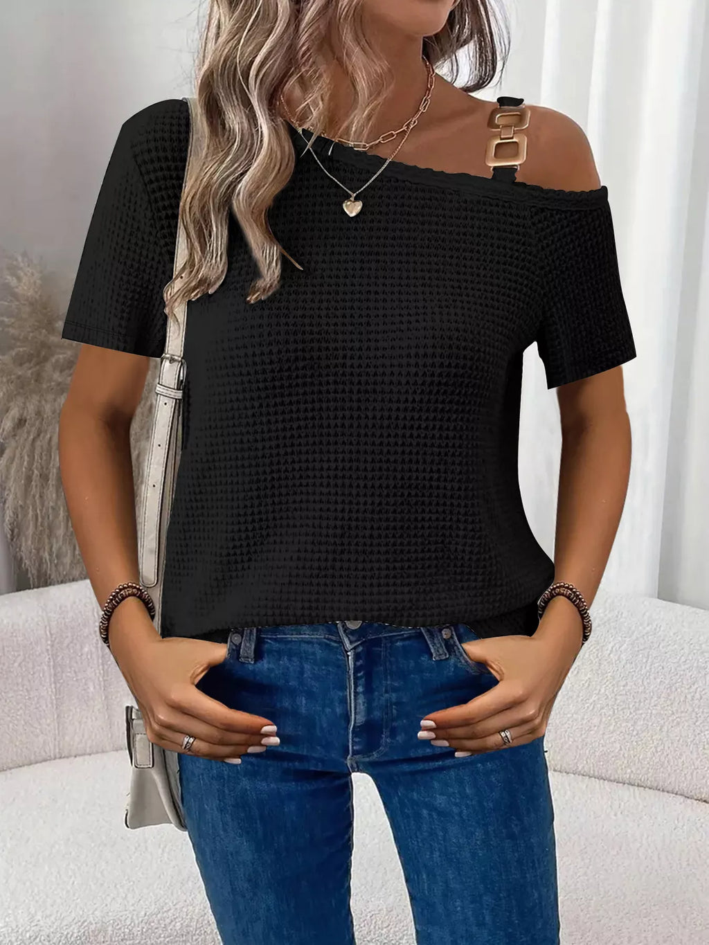 One-Shoulder Chain Detail Waffle Knit T-Shirt product image 8