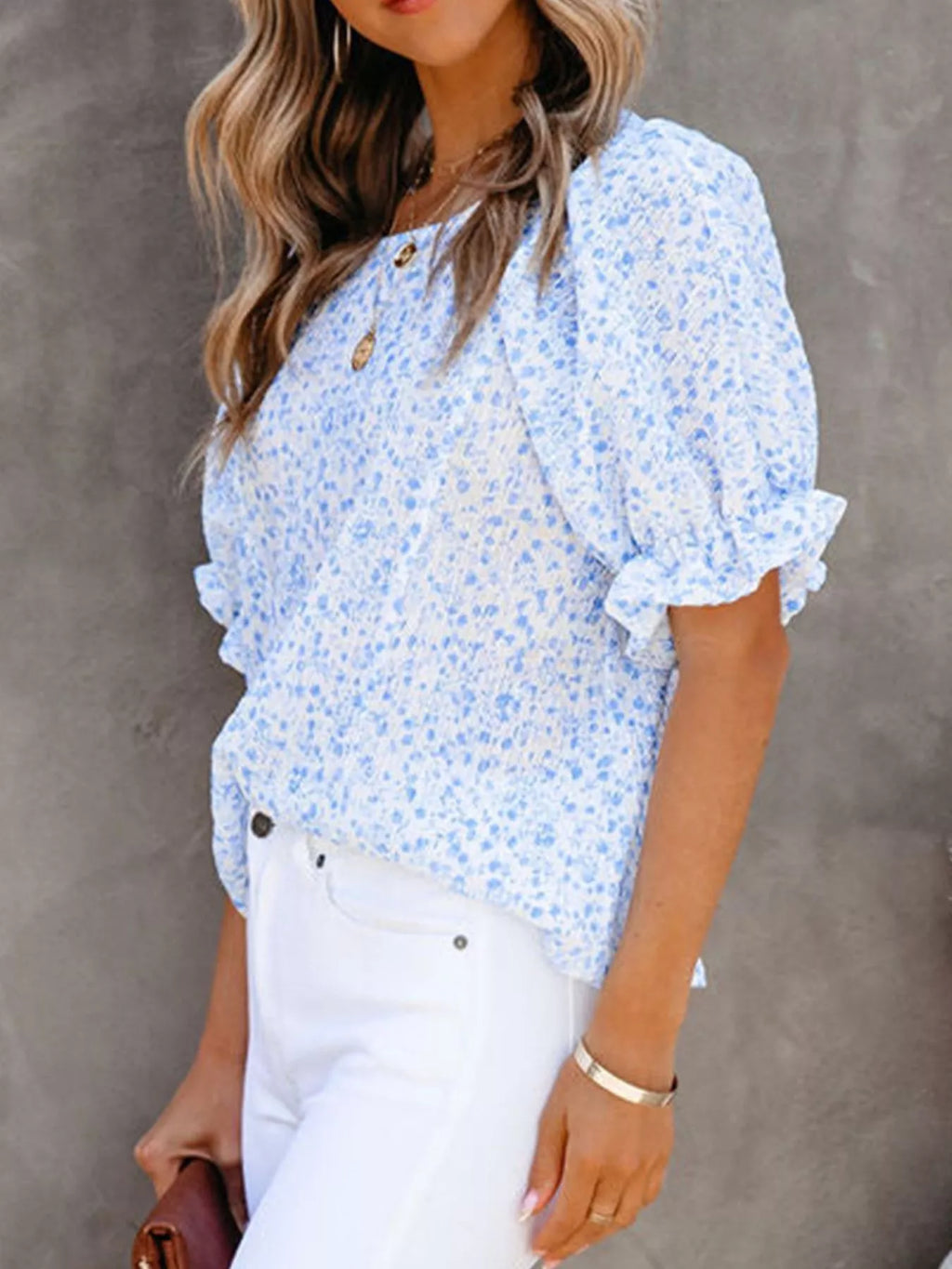 Full Size Floral Print Ruffle Sleeve Blouse
