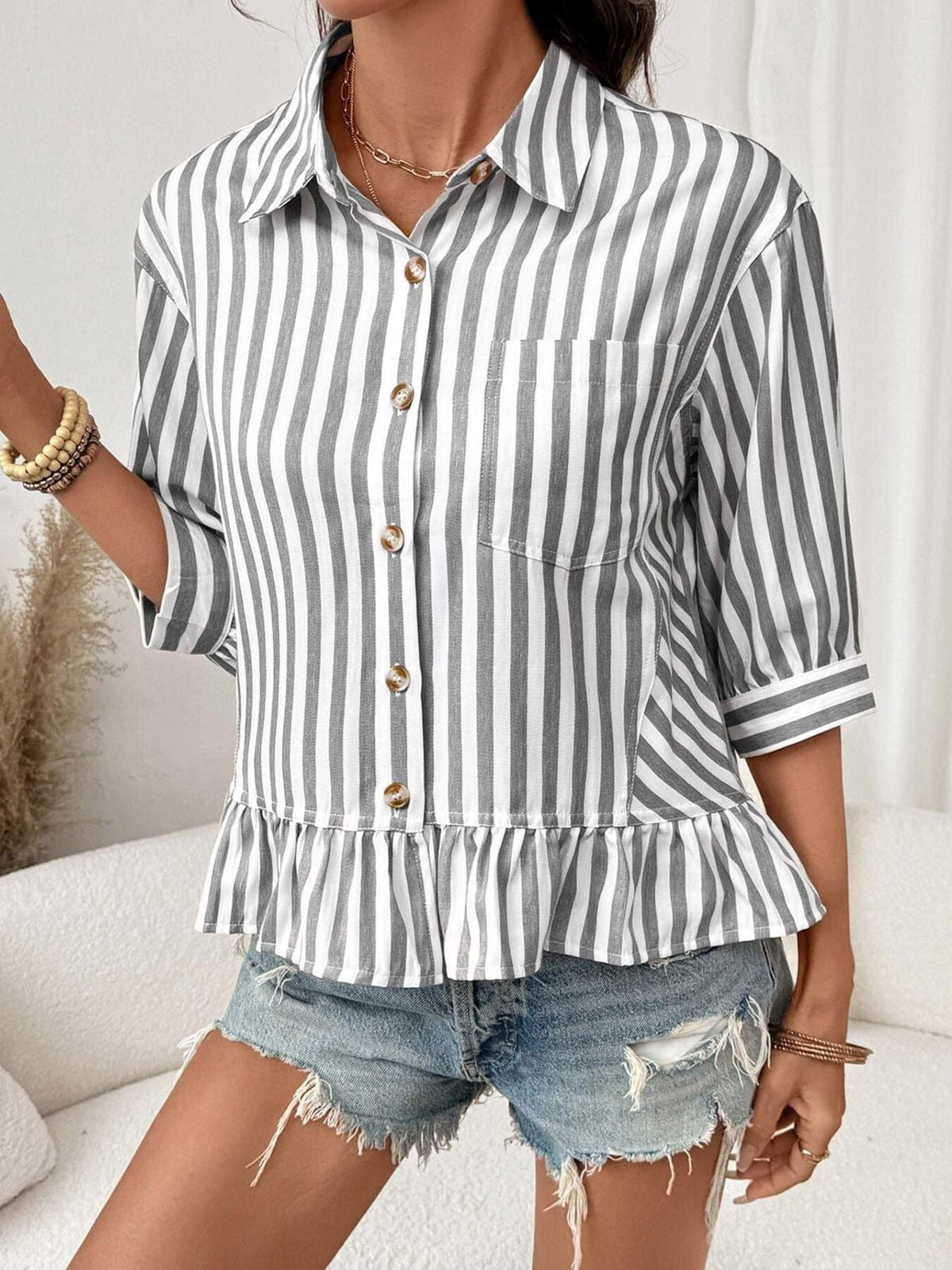 Striped Ruffle Hem Button-Down Shirt product image 9