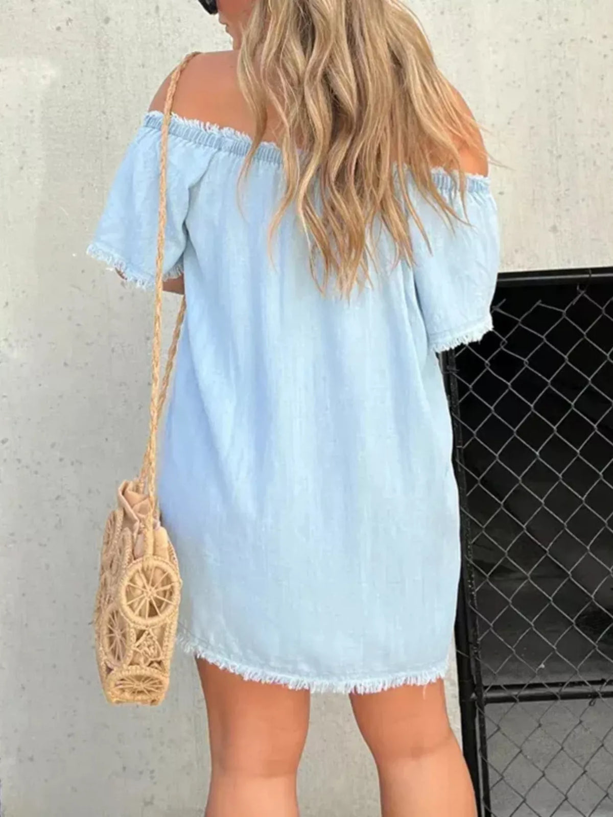 Full Size Off-Shoulder Button-Down Frayed Denim Dress