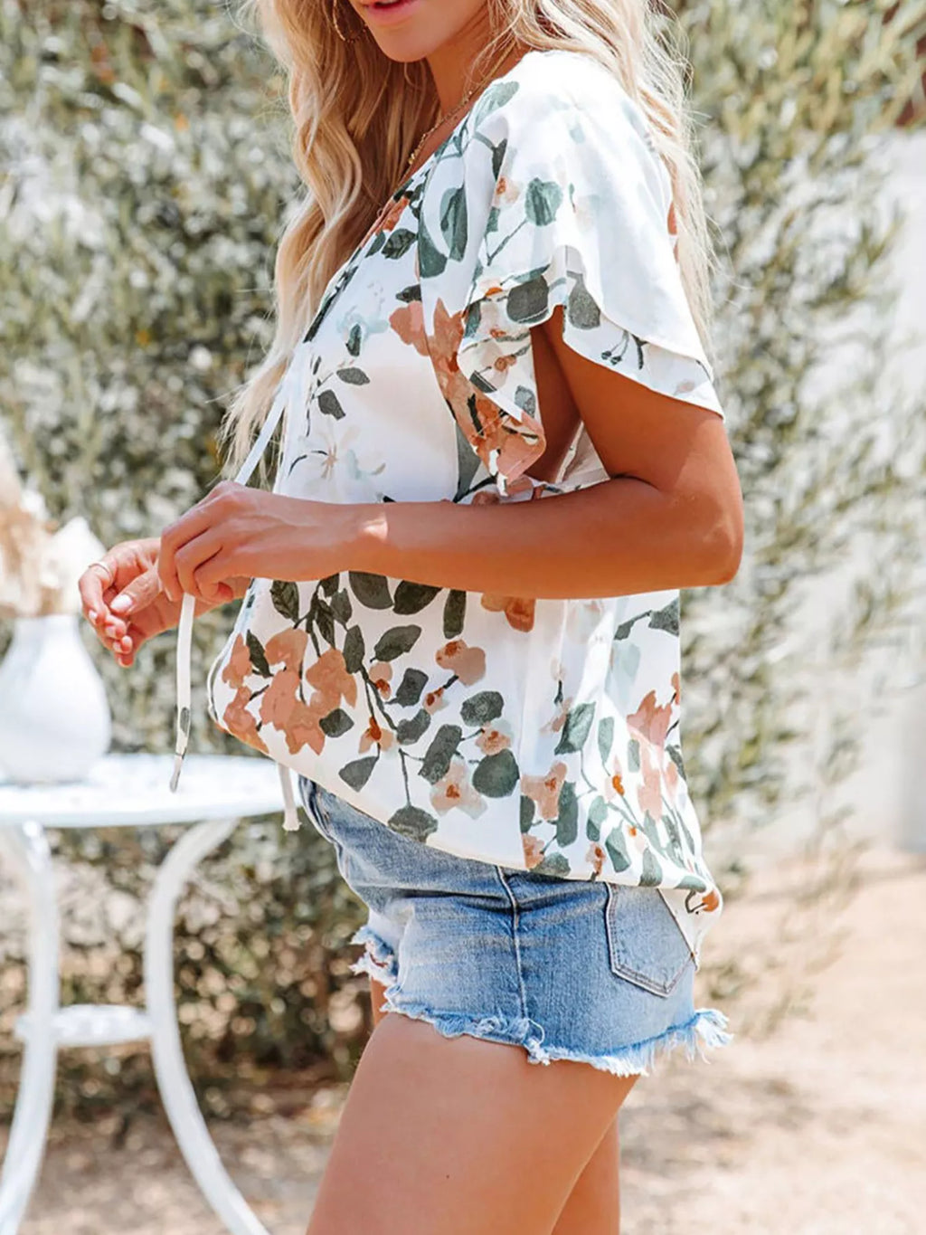 Full Size Floral Print V-Neck Shirt product image 5