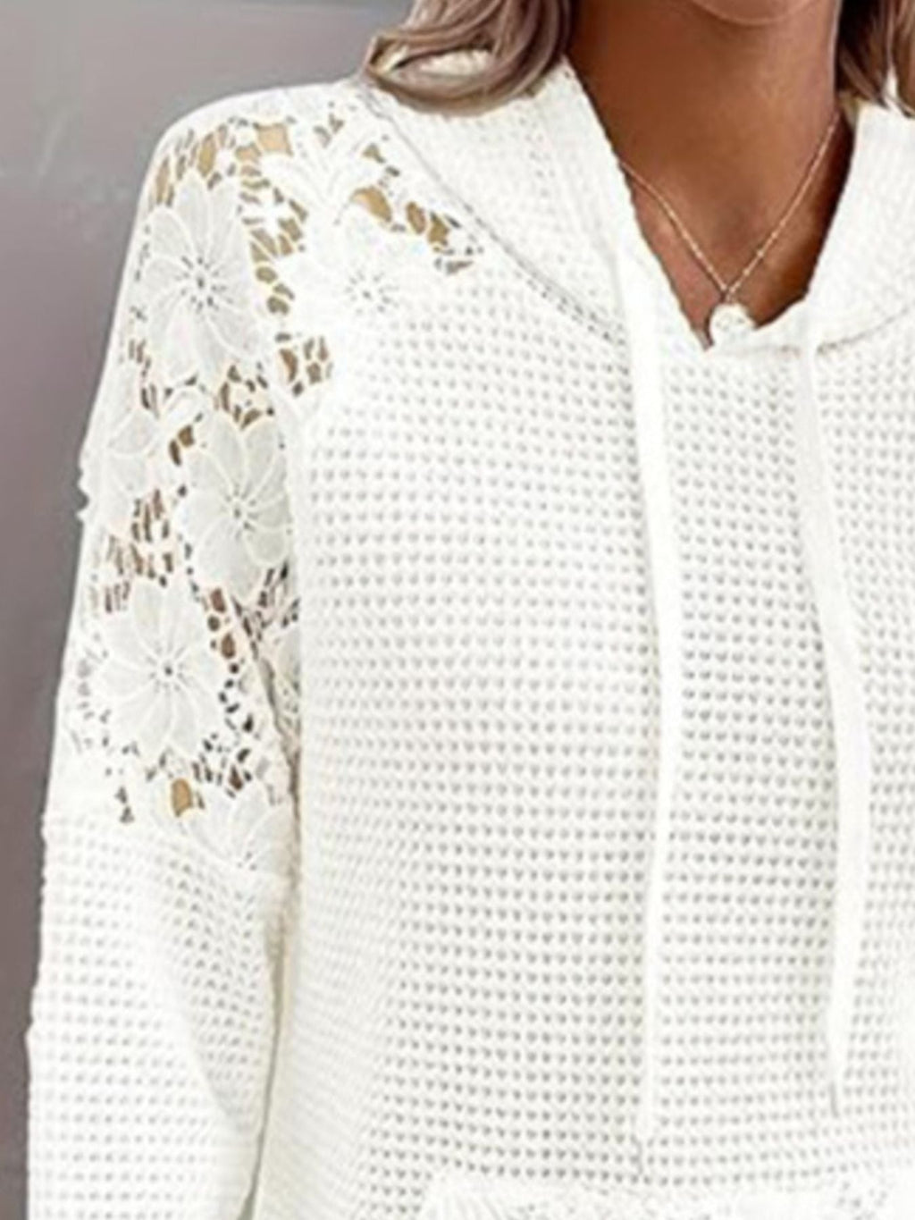 Full Size Lace Trim Waffle Knit Hoodie product image 2