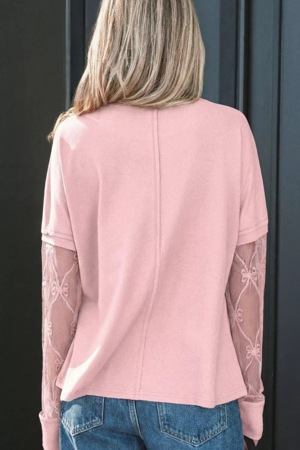 Solid Color Bow Textured Patchwork Long Sleeve Tee product image 2
