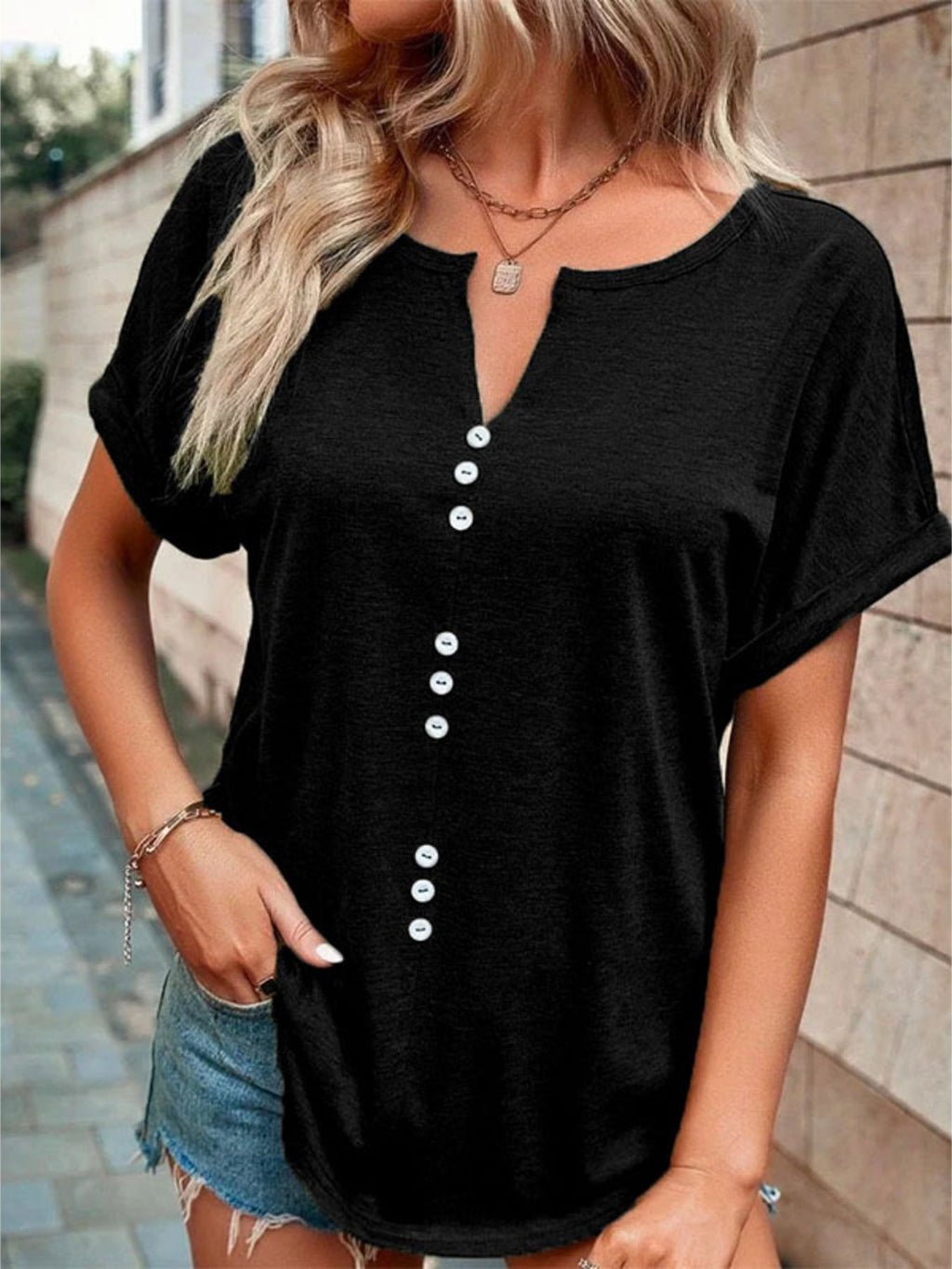 Full Size Decor Button Short Sleeve T-Shirt product image 5