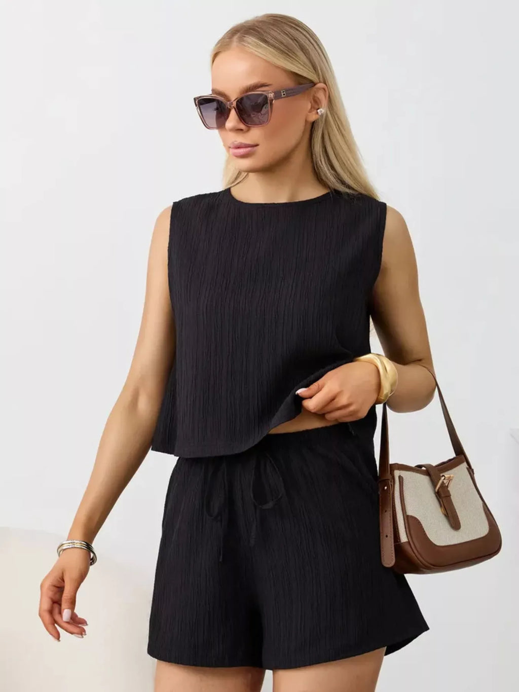 Textured Round Neck Tank and Shorts Set product image 14