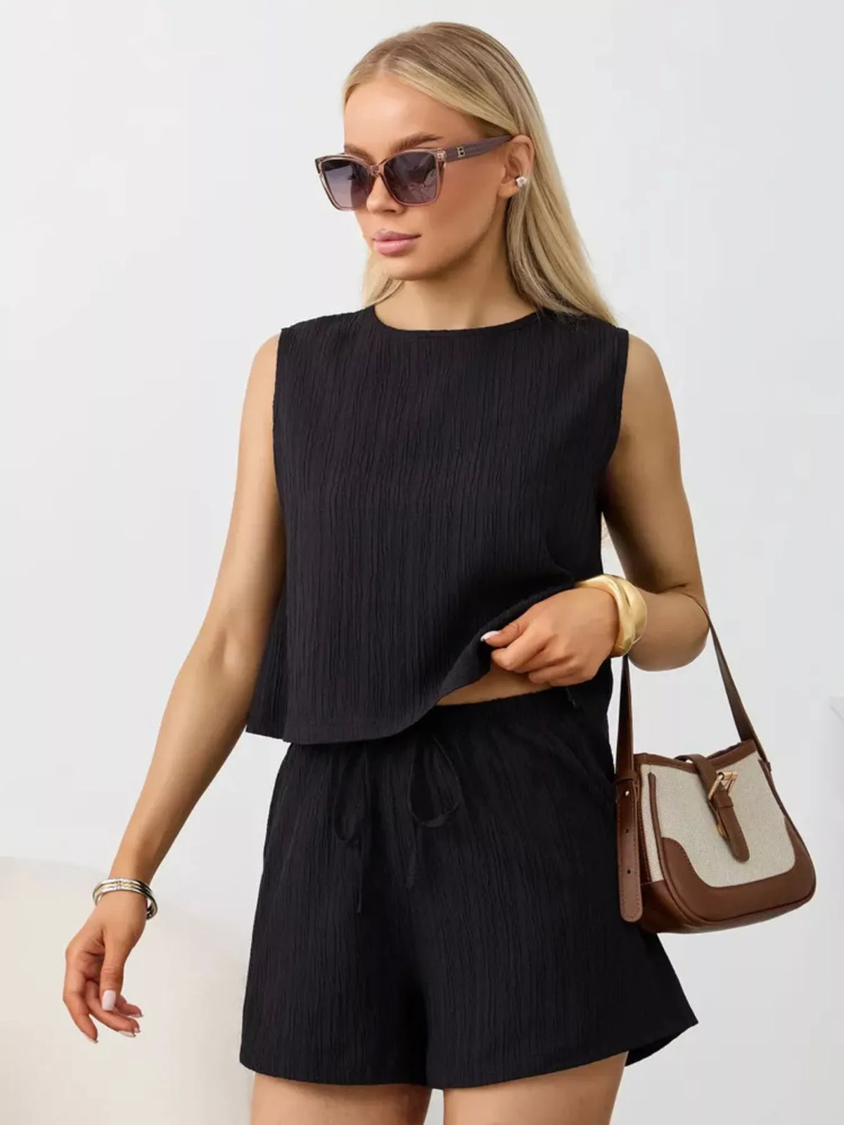 Textured Round Neck Tank and Shorts Set product image 14