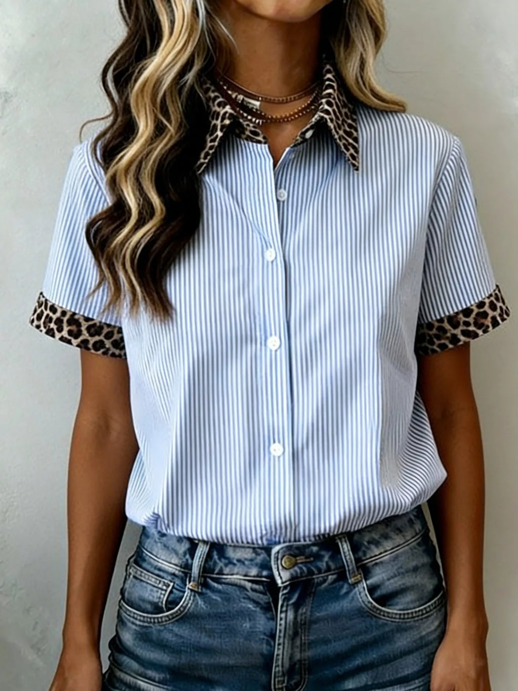 Stripe Leopard Contrast Collar Short Sleeve Shirt product image 1