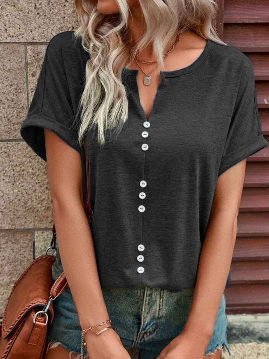 Full Size Decor Button Short Sleeve T-Shirt product image 26