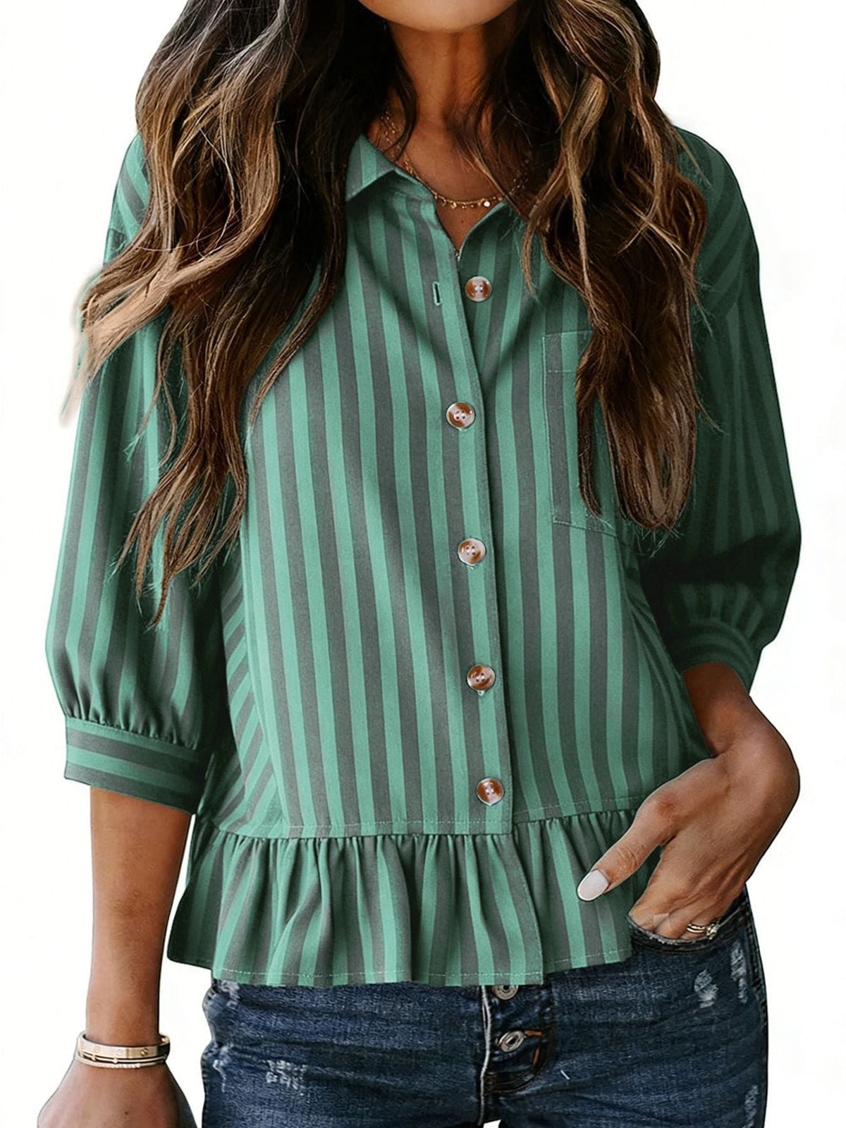 Striped Ruffle Hem Button-Down Shirt product image 5