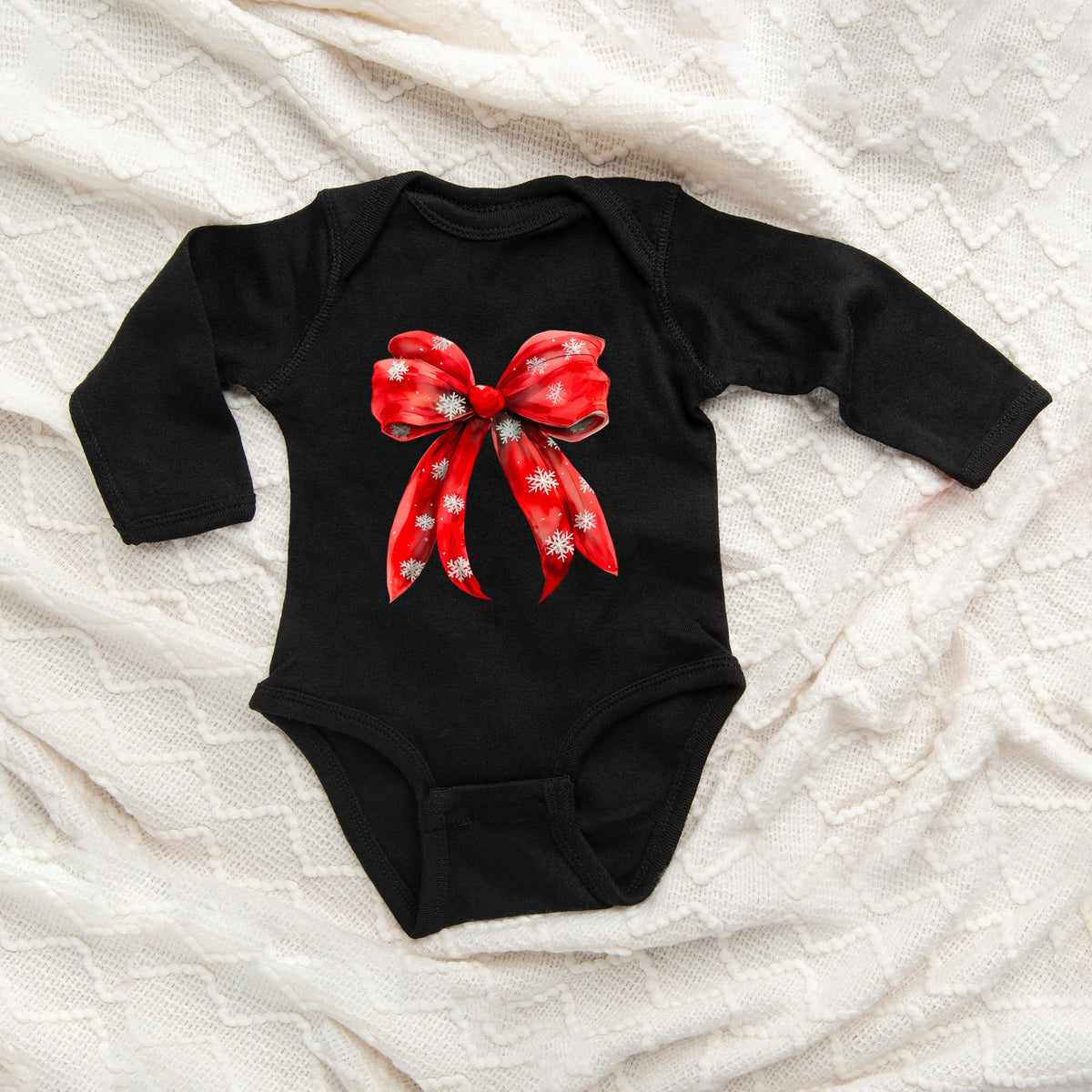 Coquette Christmas Snowflake Bow | Baby Graphic Long Sleeve Bodysuit