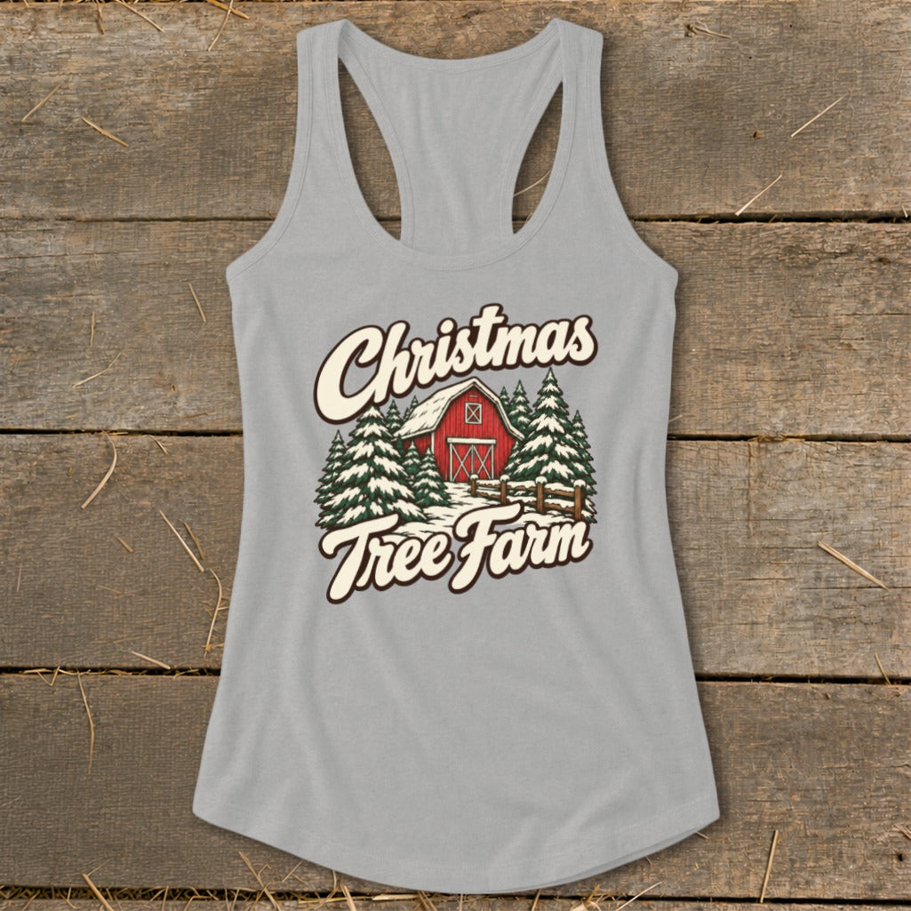Christmas Tree Farm Barn Racerback Tank