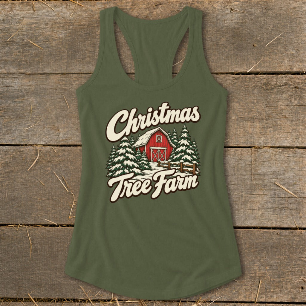 Christmas Tree Farm Barn Racerback Tank