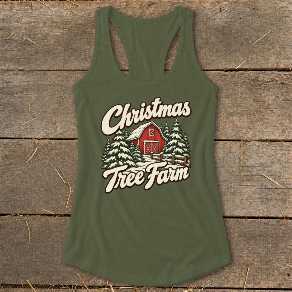 Christmas Tree Farm Barn Racerback Tank