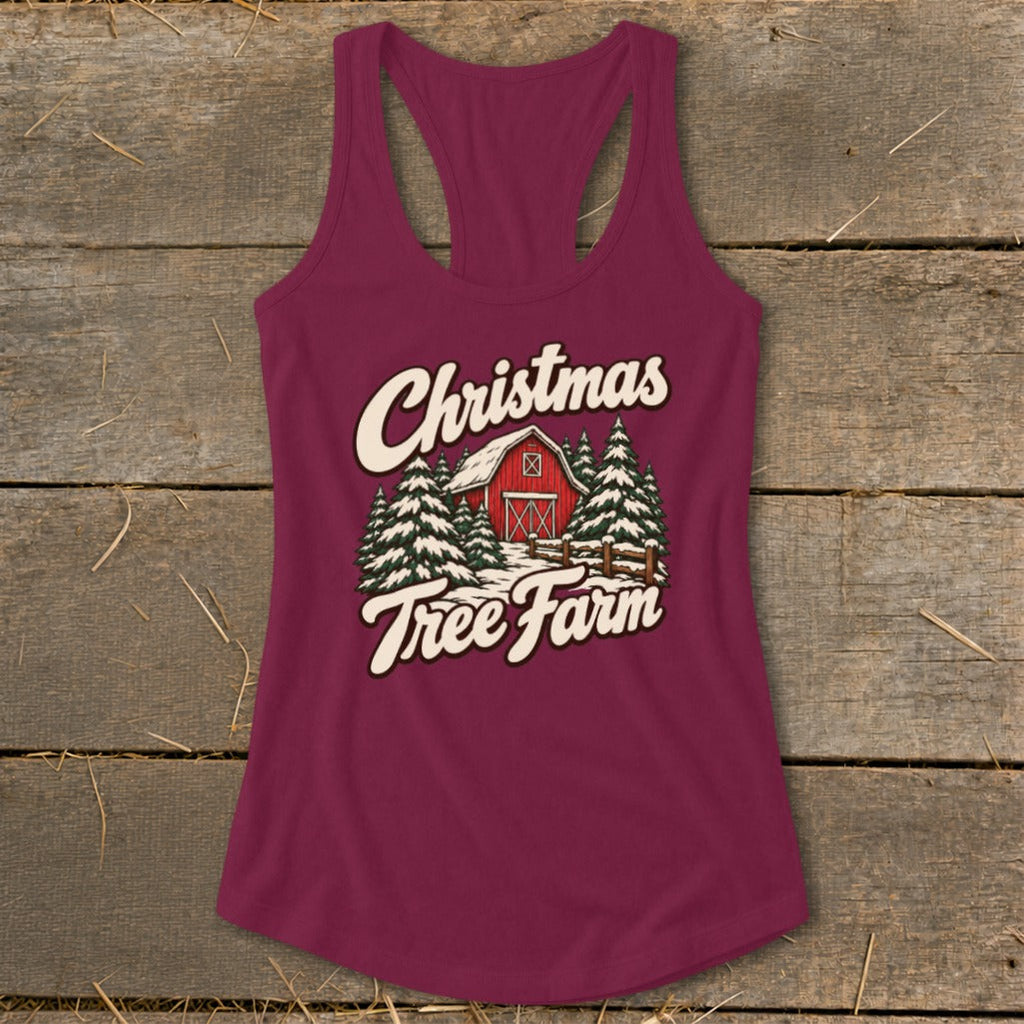Christmas Tree Farm Barn Racerback Tank
