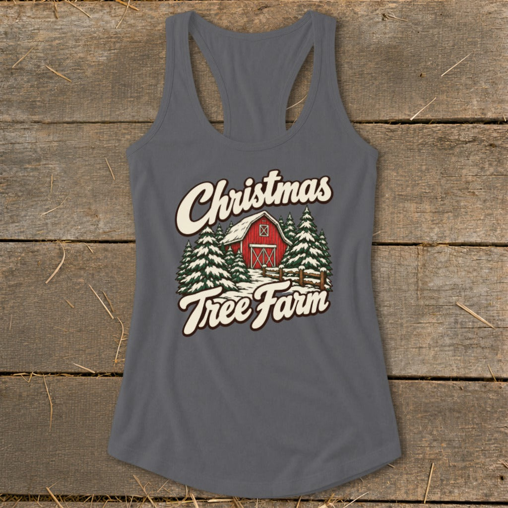 Christmas Tree Farm Barn Racerback Tank