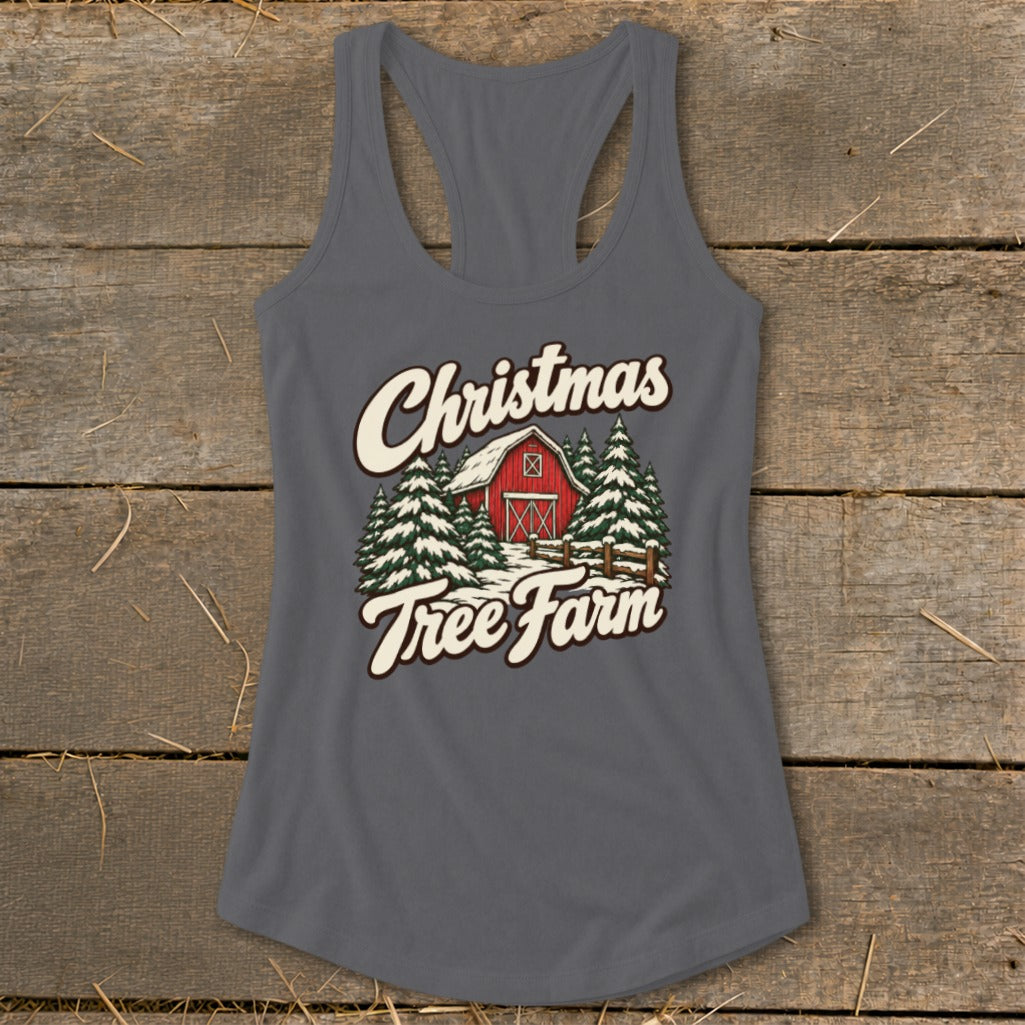 Christmas Tree Farm Barn Racerback Tank