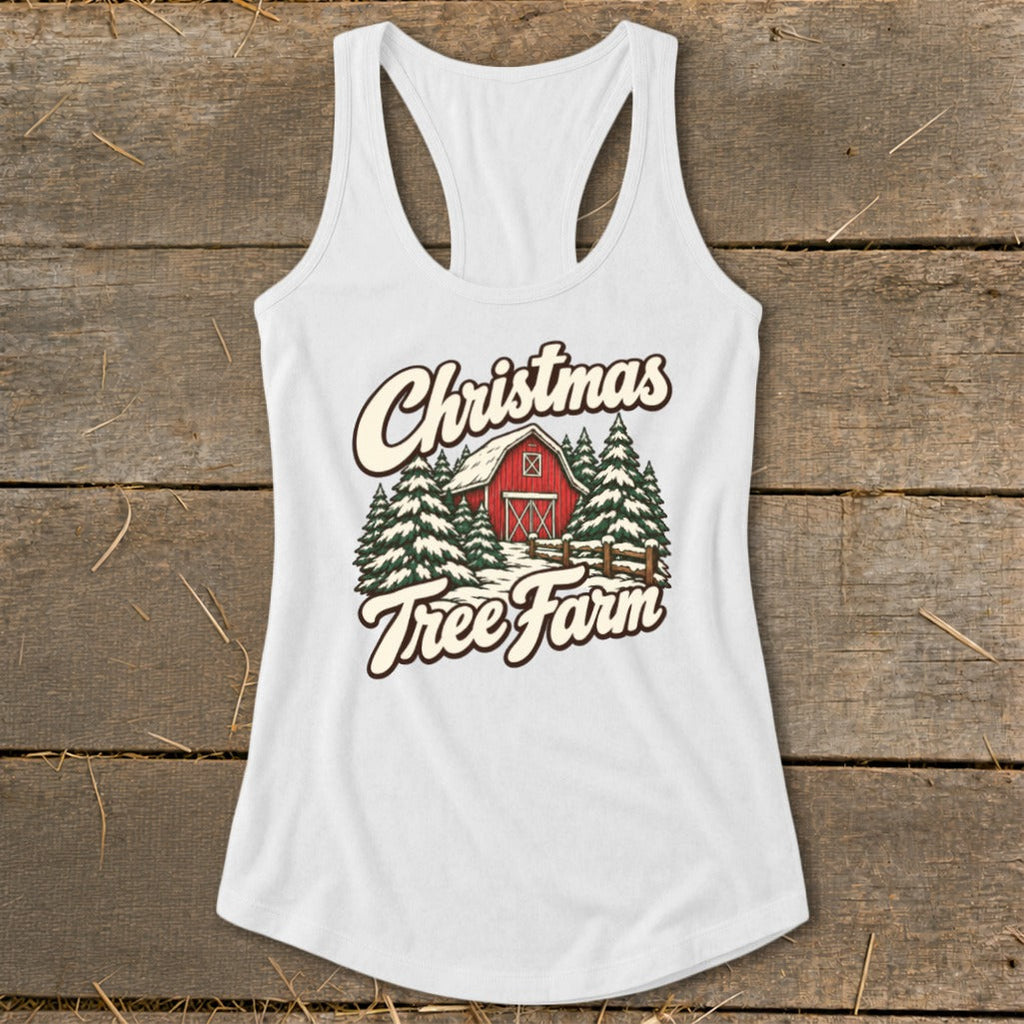 Christmas Tree Farm Barn Racerback Tank