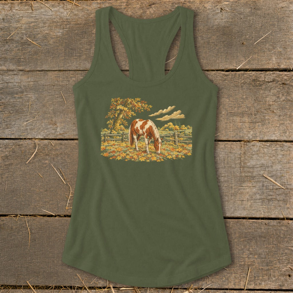 Horse in Fall Leaves Racerback Tank