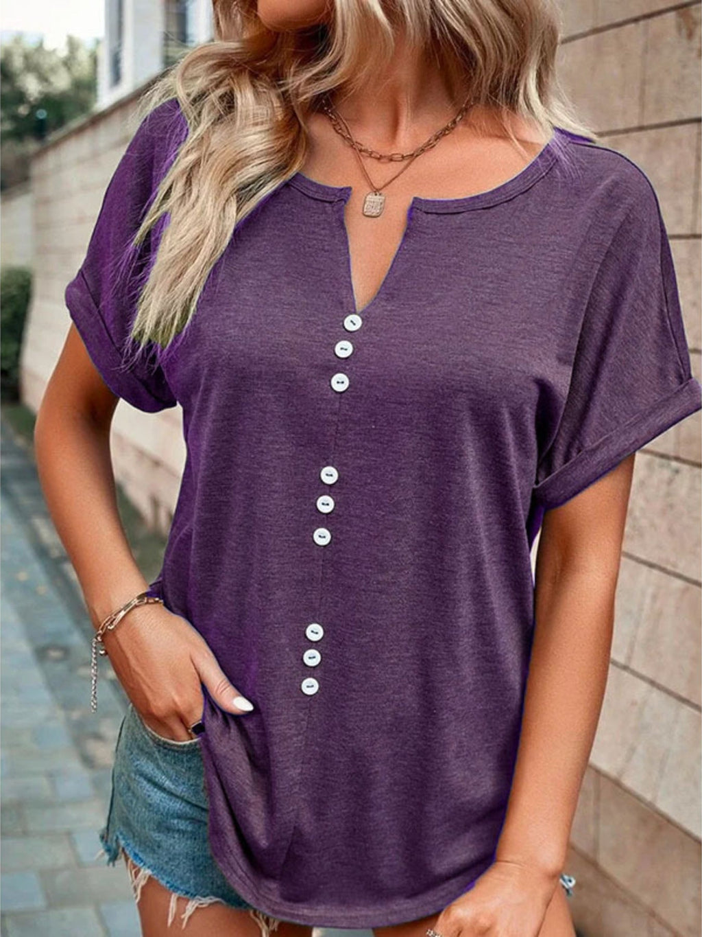 Full Size Decor Button Short Sleeve T-Shirt product image 18