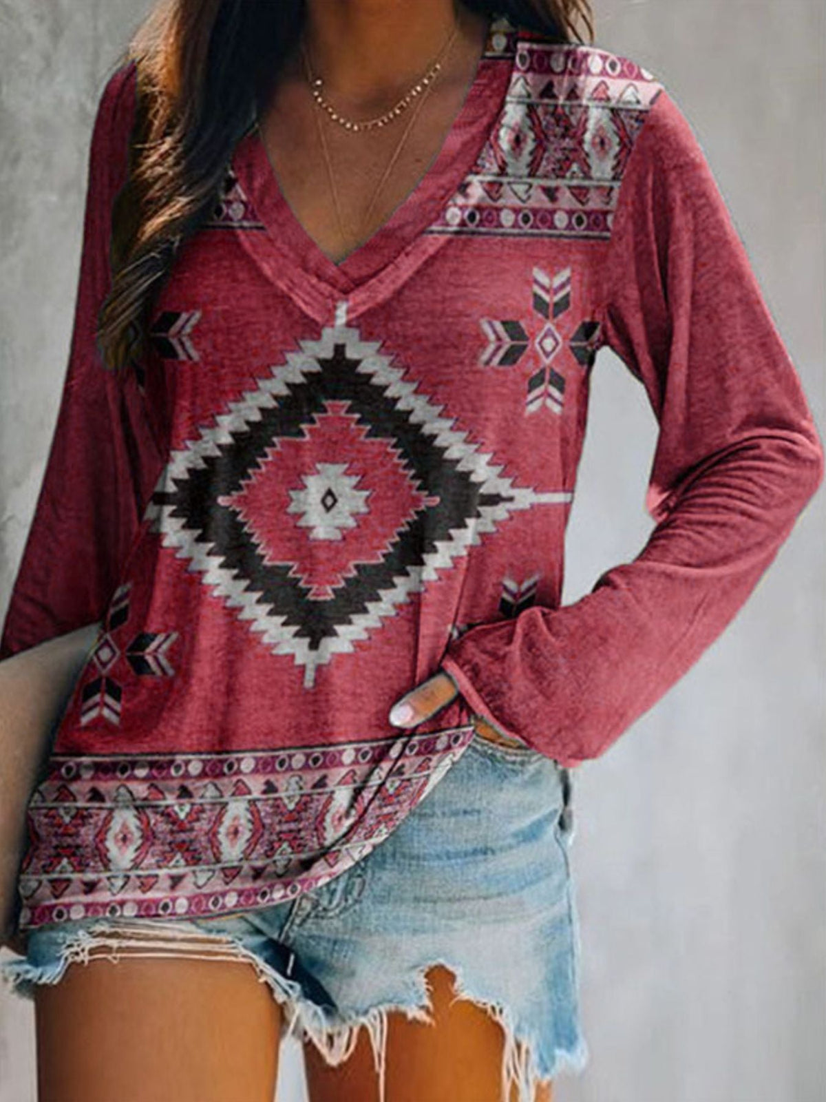 Full Size Geometric V-Neck Long Sleeve T-Shirt product image 7