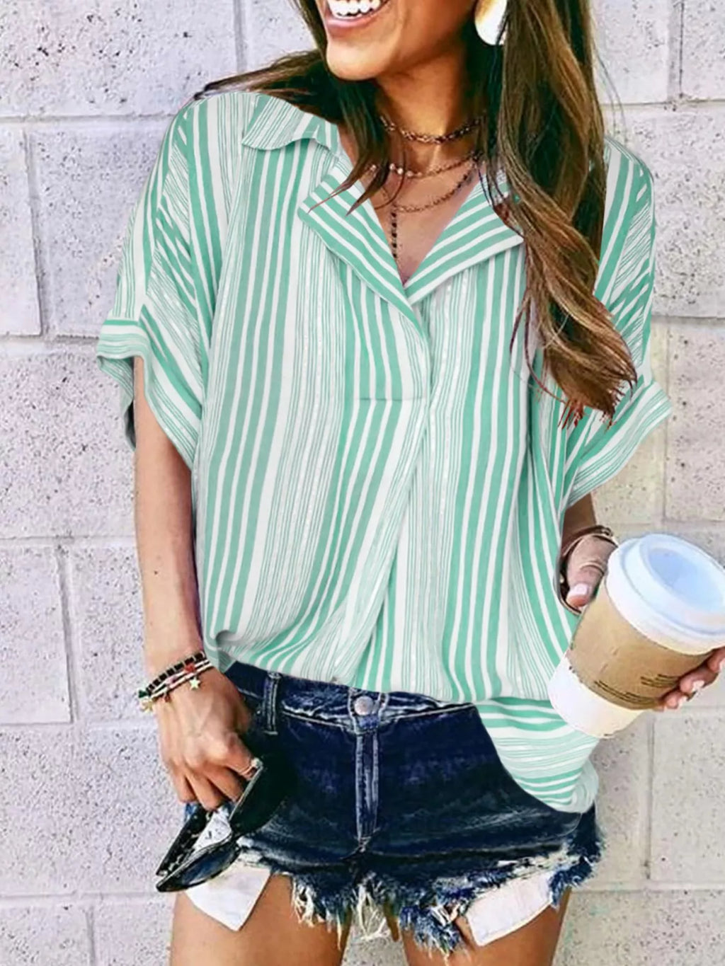 Full Size Collared Neck Half Sleeve Shirt product image 5