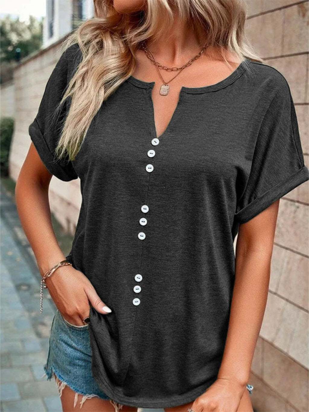 Full Size Decor Button Short Sleeve T-Shirt product image 25