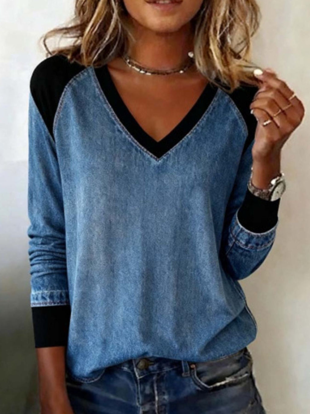 Full Size Patchwork V-Neck Long Sleeve Blouse