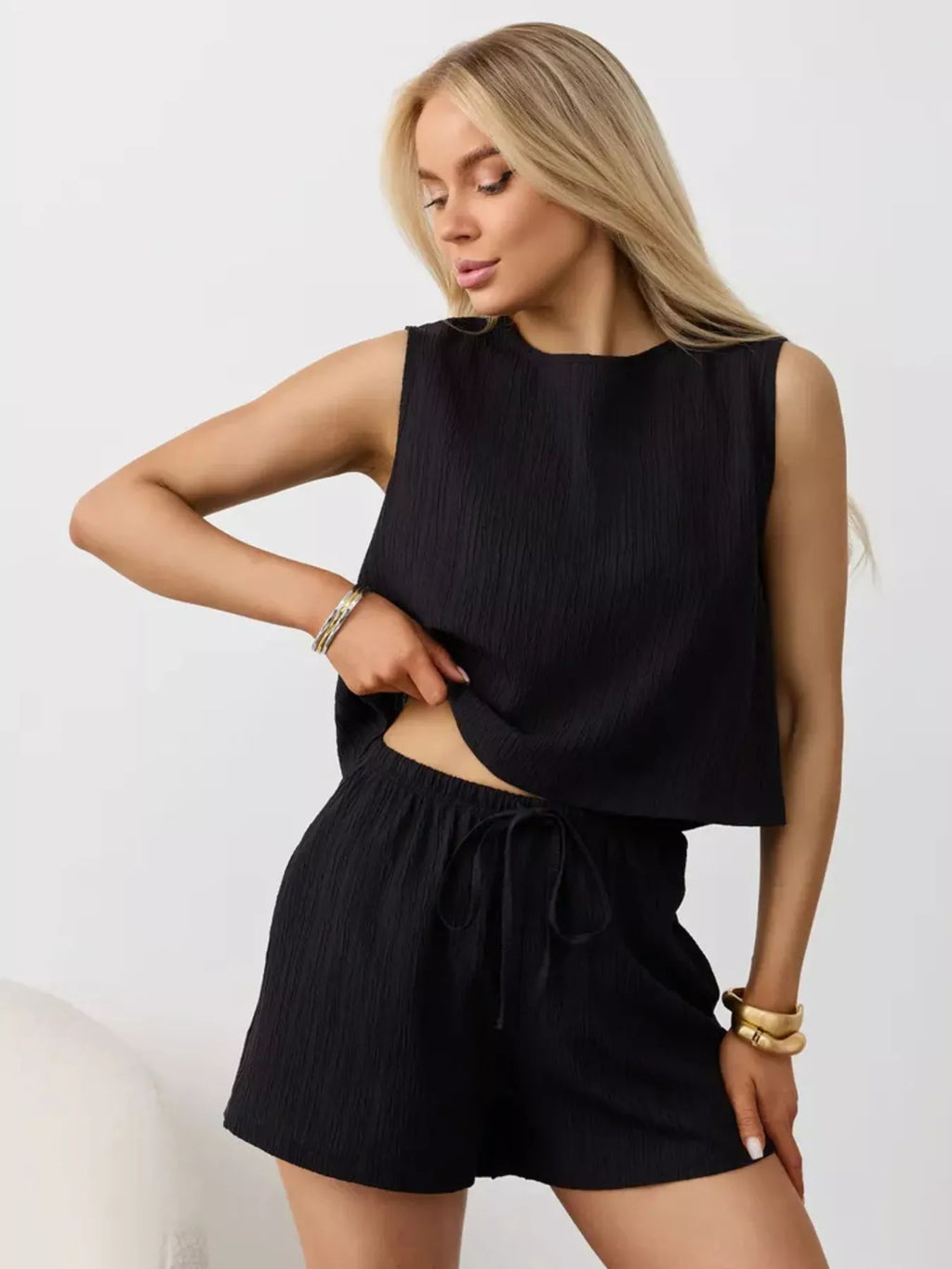 Textured Round Neck Tank and Shorts Set product image 16