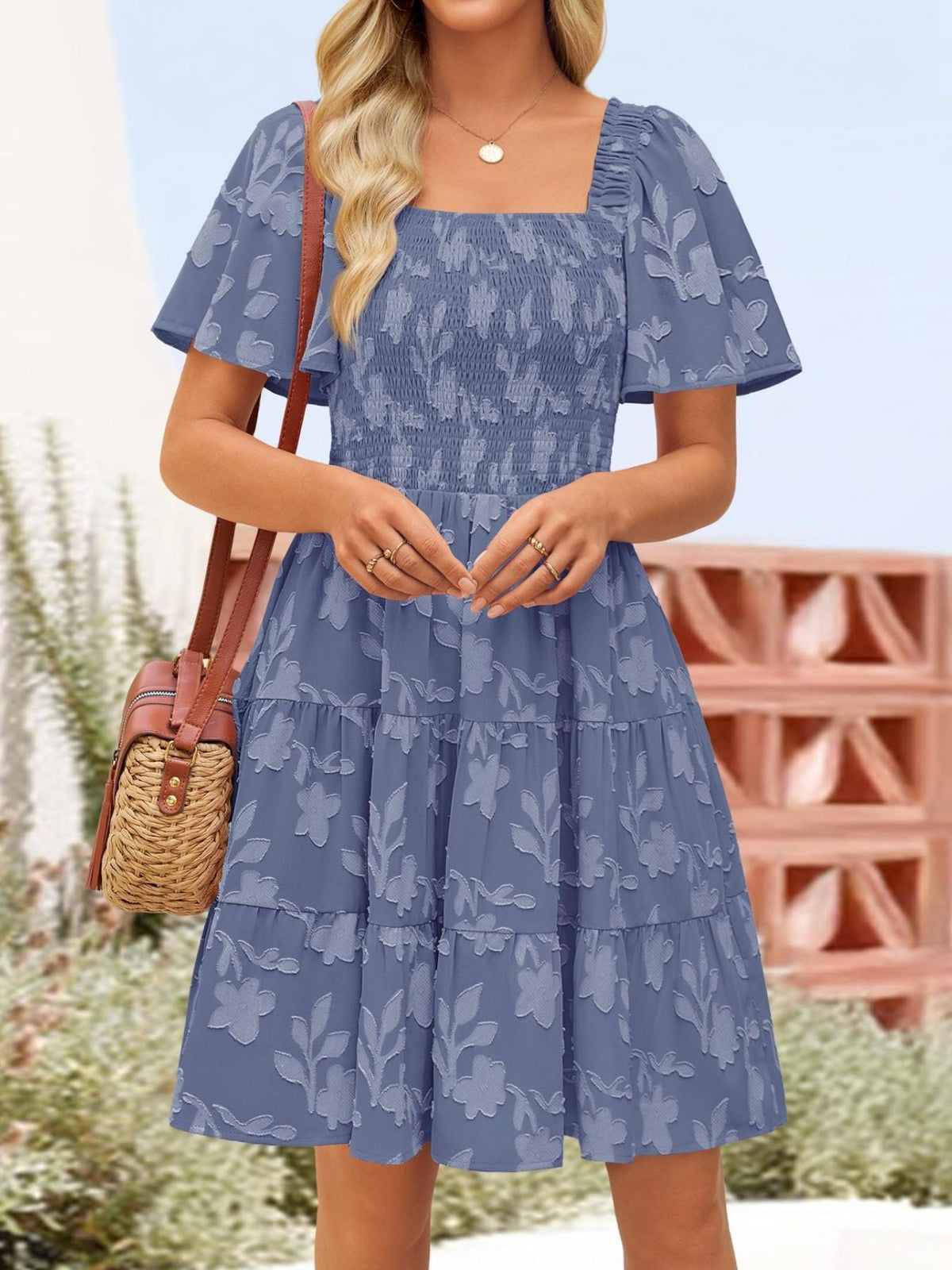 Tiered Square Neck Short Sleeve Dress