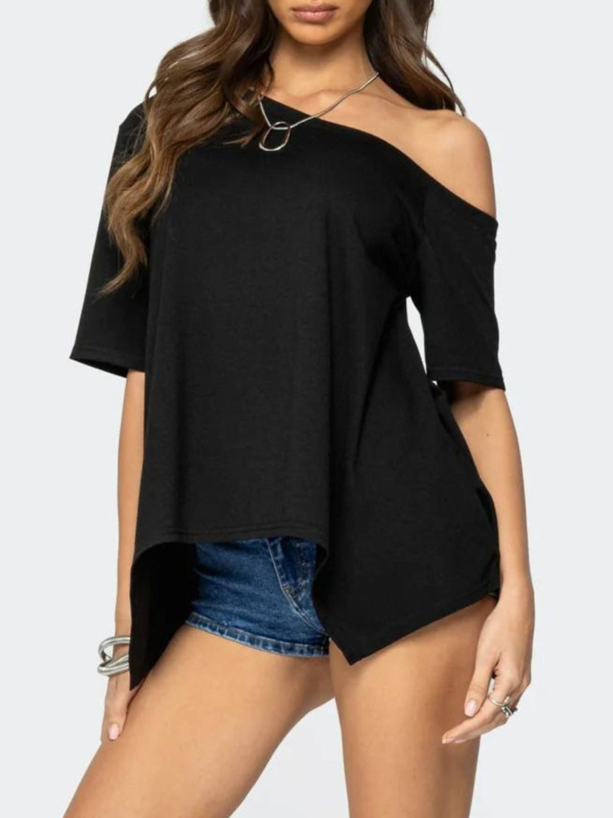 Off-Shoulder Flowy Hem T-Shirt product image 3