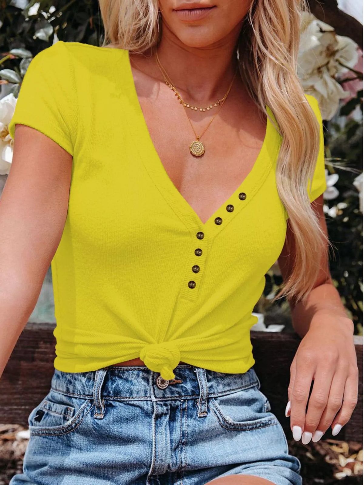 Casual V-Neck Button Detail T-Shirt Plus Size product image 25