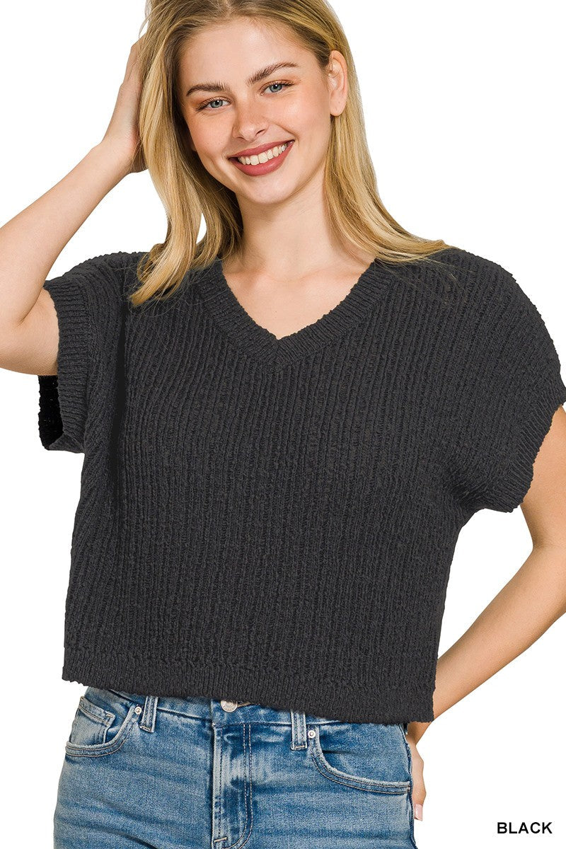 Textured Knit V-Neck Cropped Sweater