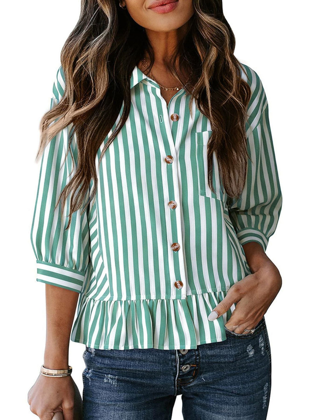 Striped Ruffle Hem Button-Down Shirt product image 14