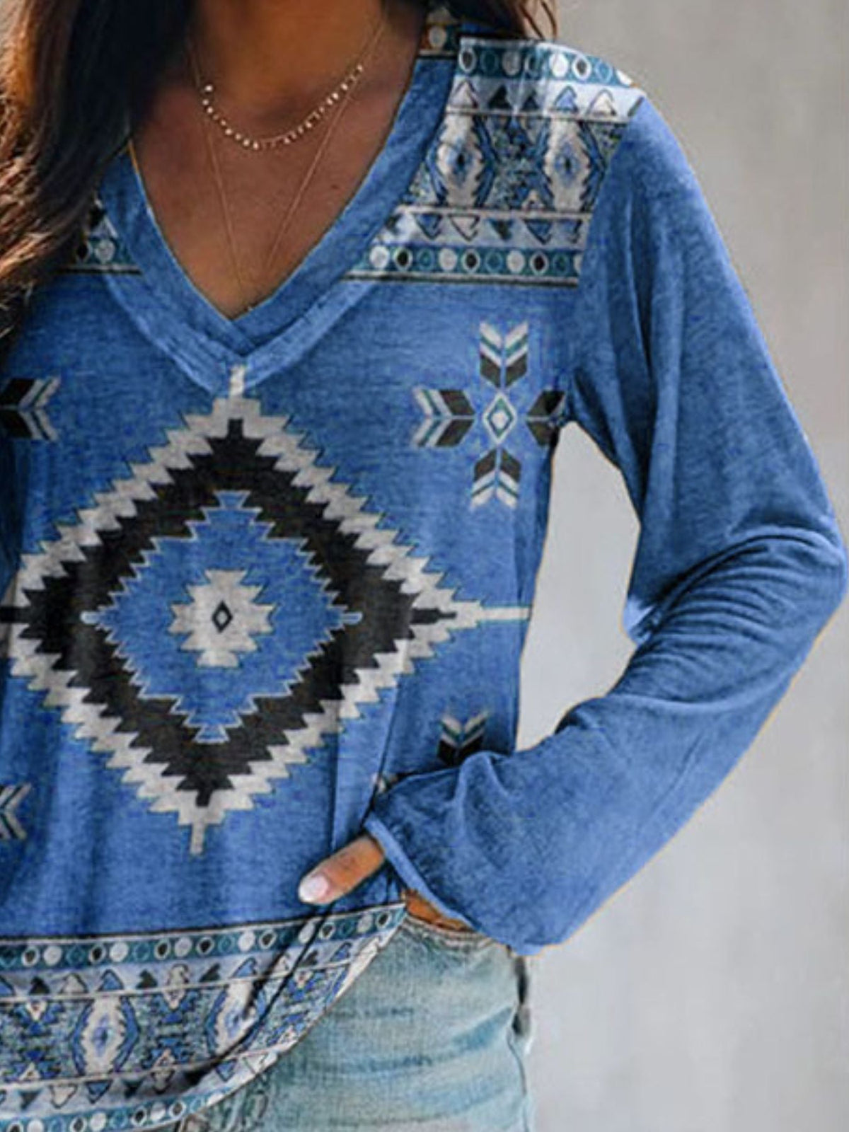 Full Size Geometric V-Neck Long Sleeve T-Shirt product image 2