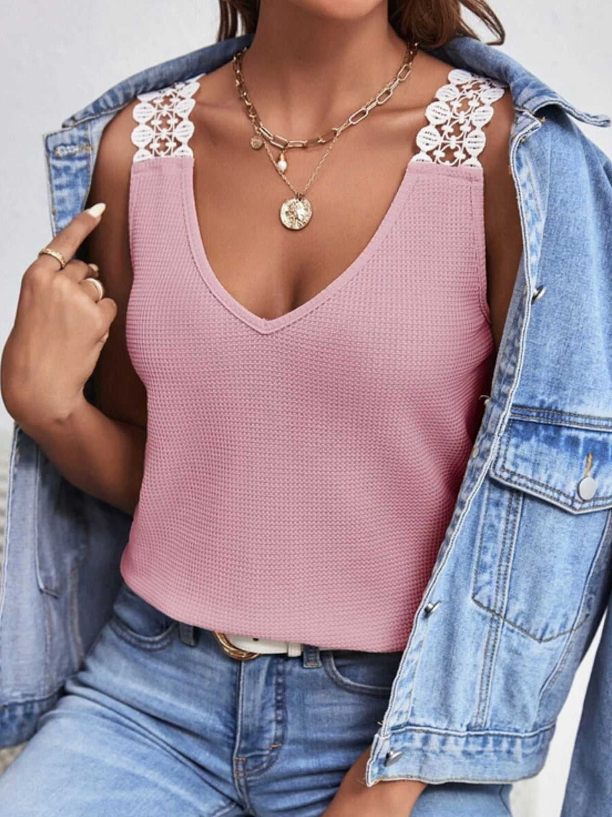 Full Size Lace Trim V-Neck Waffle Knit Tank