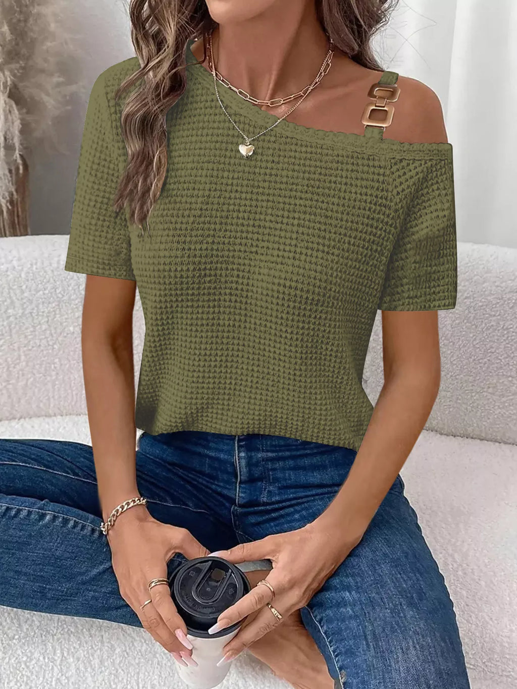 One-Shoulder Chain Detail Waffle Knit T-Shirt product image 11