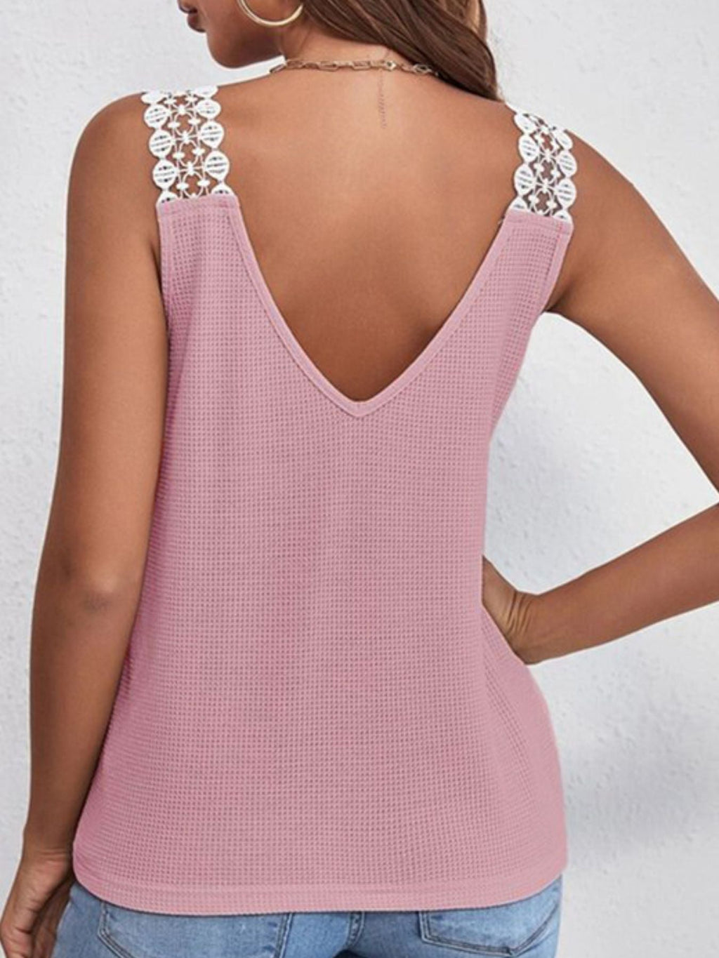 Full Size Lace Trim V-Neck Waffle Knit Tank