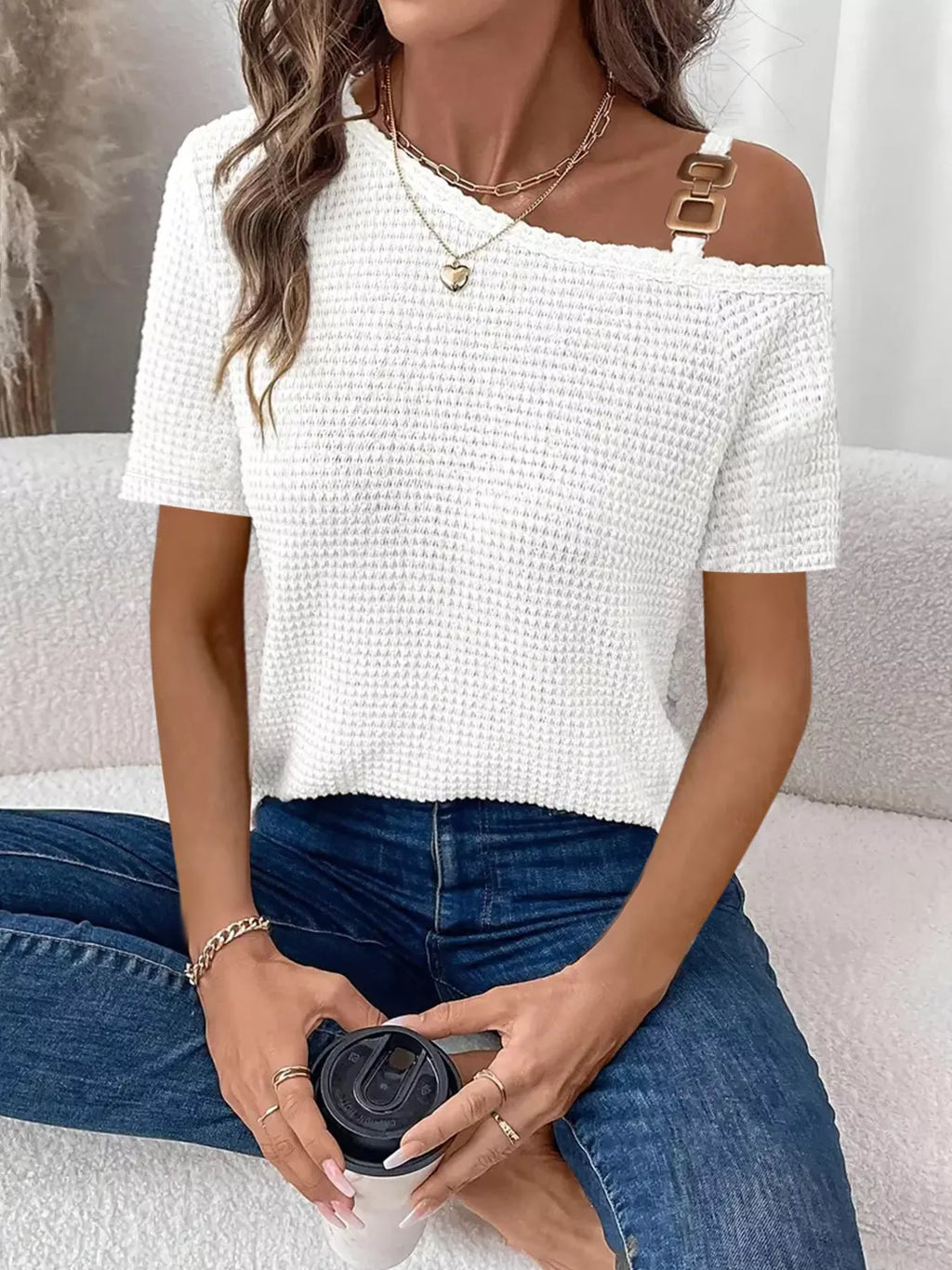 One-Shoulder Chain Detail Waffle Knit T-Shirt product image 6