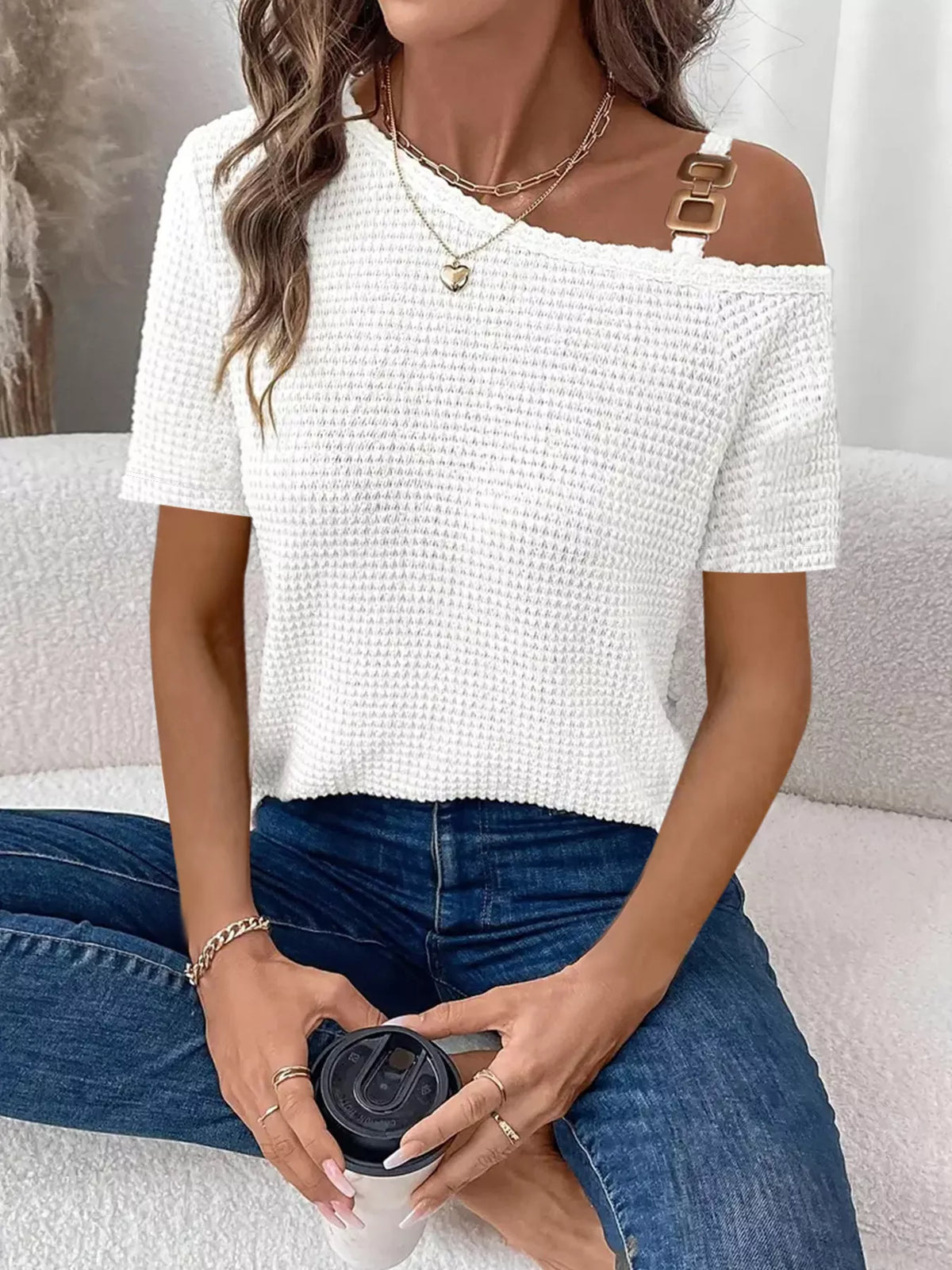 One-Shoulder Chain Detail Waffle Knit T-Shirt product image 6