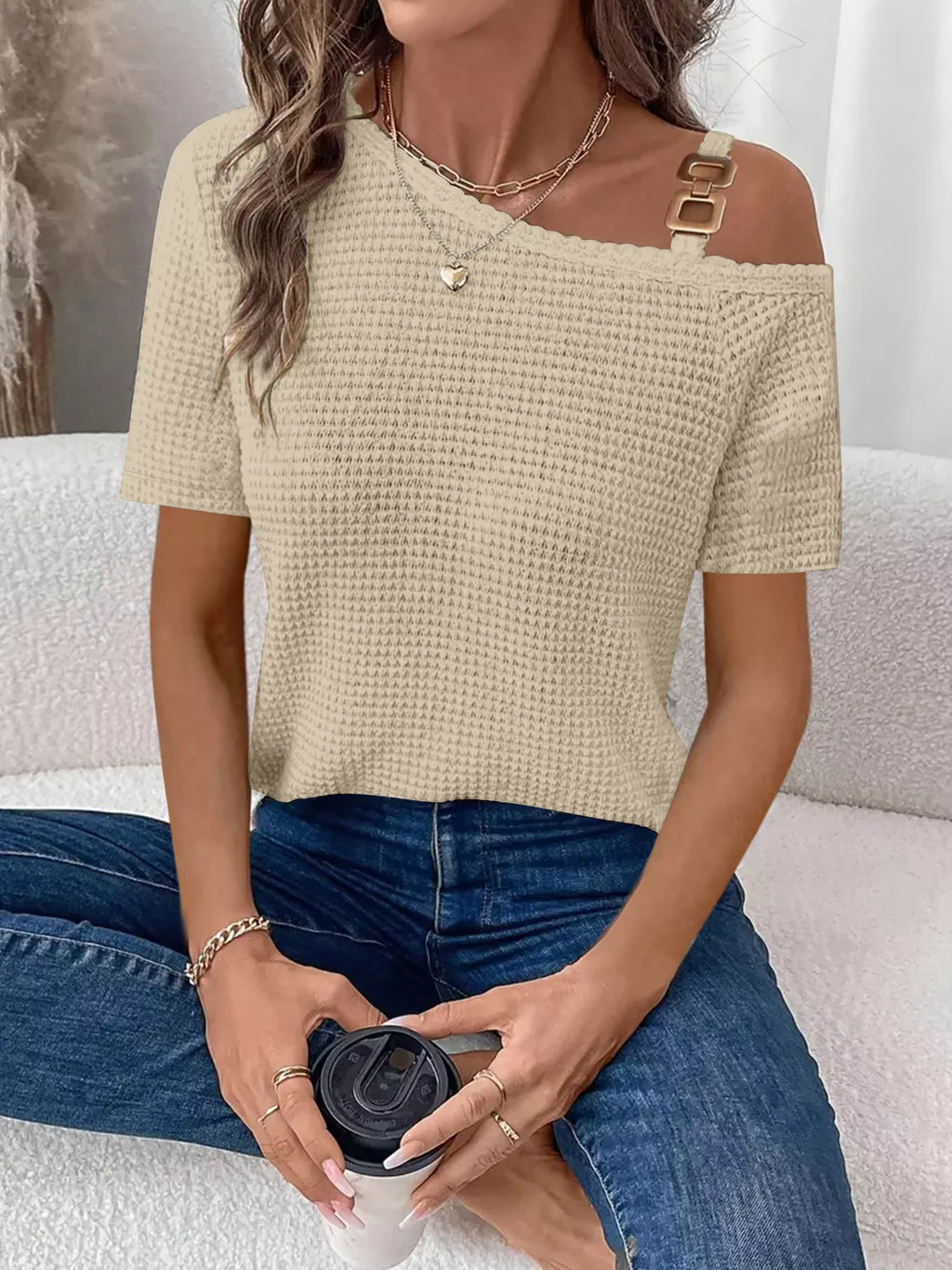 One-Shoulder Chain Detail Waffle Knit T-Shirt product image 3