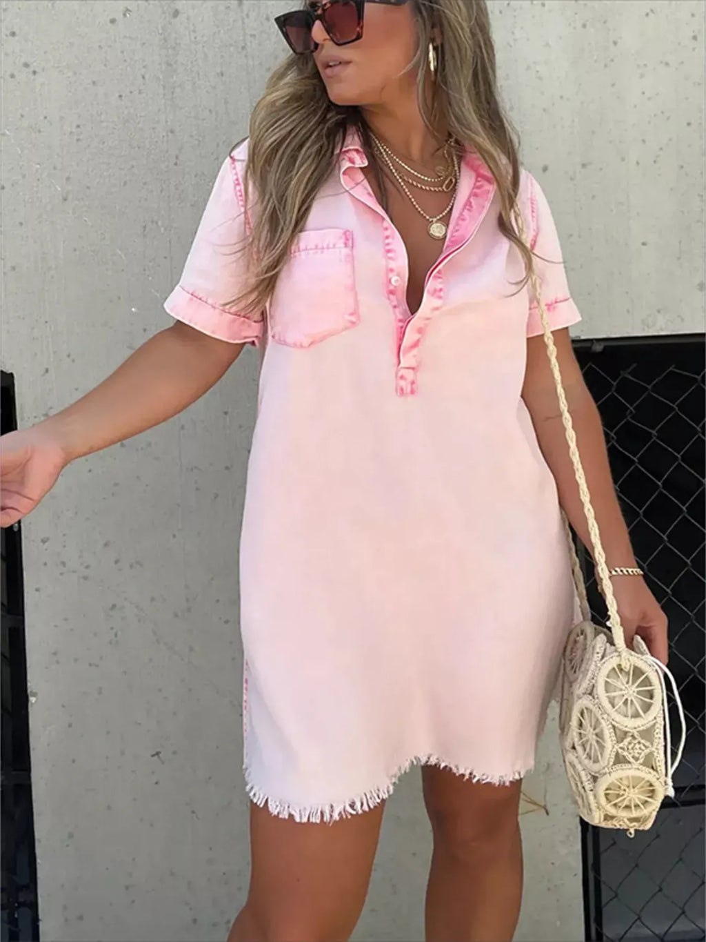 Full Size Raw Hem Short Sleeve Dress