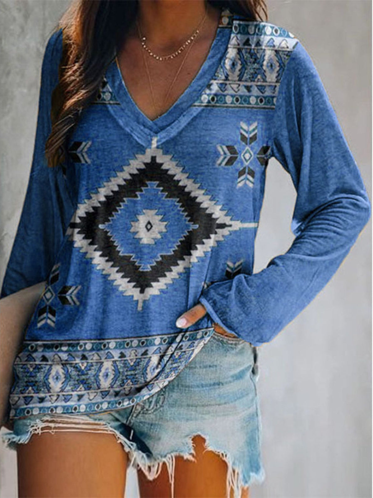 Full Size Geometric V-Neck Long Sleeve T-Shirt product image 1