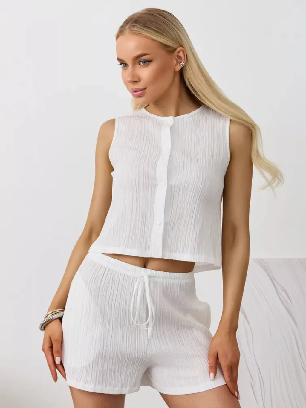 Textured Round Neck Tank and Shorts Set product image 5