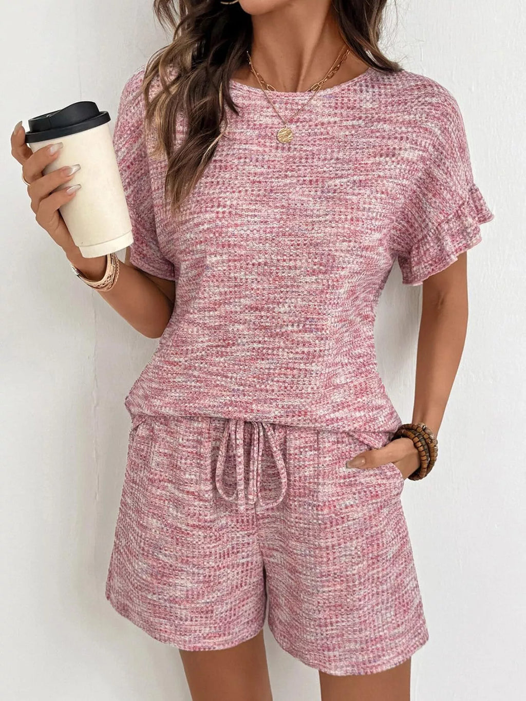Ruffle Sleeve Textured Top and Shorts Set product image 1