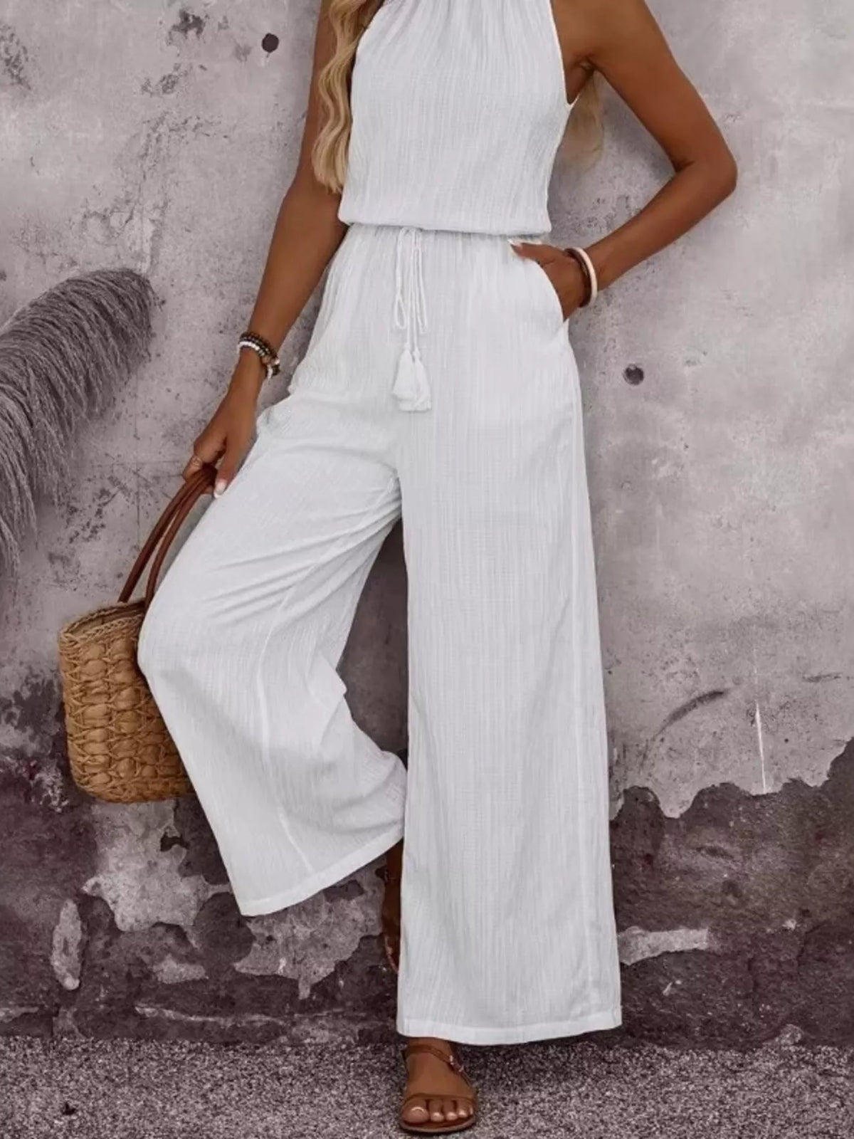 Full Size Tassel Sleeveless Wide Leg Jumpsuit